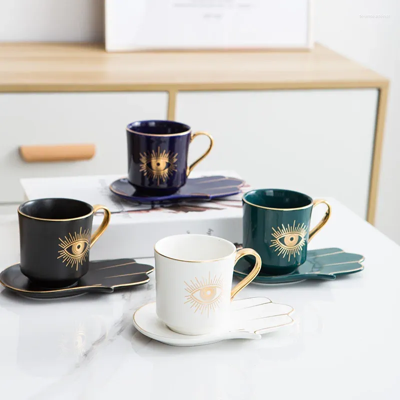 أكواب إبداعية كأس العين الأزرق الأزرق الأزرق و Hamsa يدوية الصحن القهوة شاي شاي ماء القدح الغرفة الحديثة هدايا السيراميك