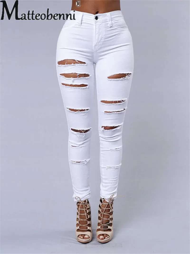 Jeans Fashion Broken Holes Tight Pencil Jeans Women's High Waist Button Splicing Slim Fit Denim Pants Ladies Commuter Casual Trousers