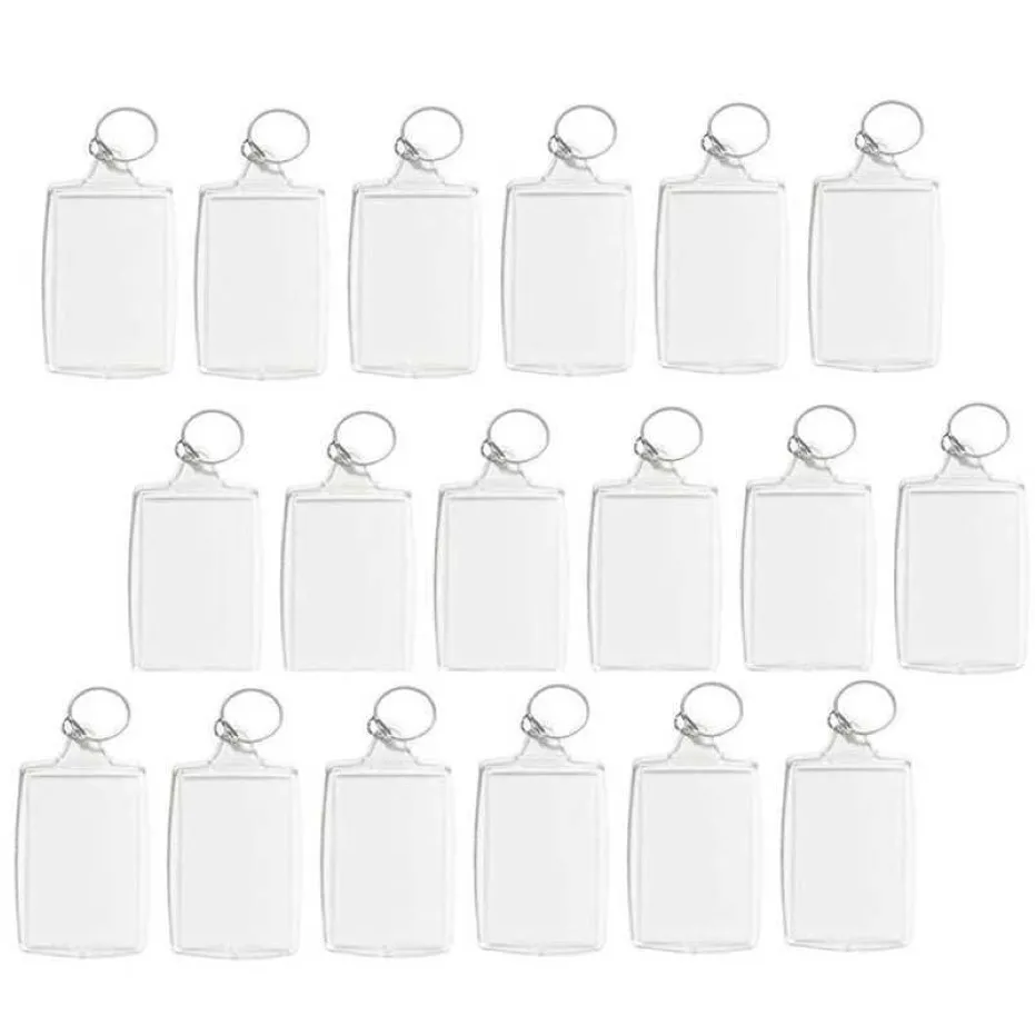 100 pièces Po porte-clés Rectangle Transparent blanc acrylique insérer Po cadre photo porte-clés bricolage anneau fendu H0915242T