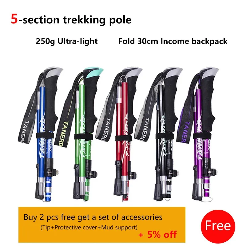 5-Section Outdoor Fold Trekking Pole Camping Portable Walking Hiking Stick For Nordic Elderly Telescopic Club Easy Put Into Bag 240304