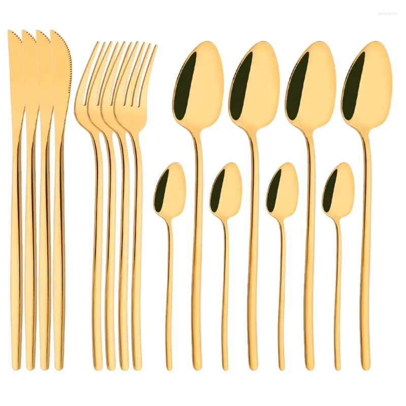 Conjuntos de vajilla Juego de cubiertos de oro de 16 piezas, tenedores, cuchillos, cucharas, apto para lavavajillas, vajilla occidental de acero inoxidable 18/10, cubiertos