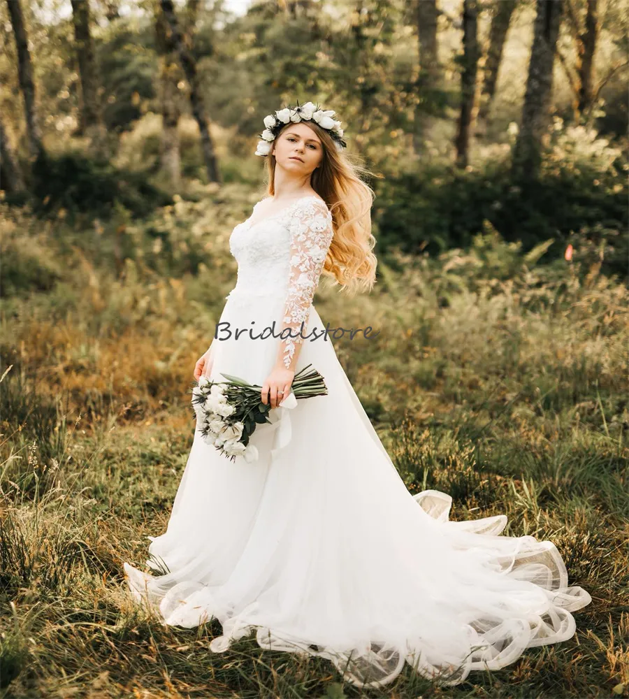 Boho Lace Wedding Dress - Elegant Long Sleeve A-Line Country Bride Gown with Floor Length Tulle - Custom Made for Outdoor Weddings in 2024