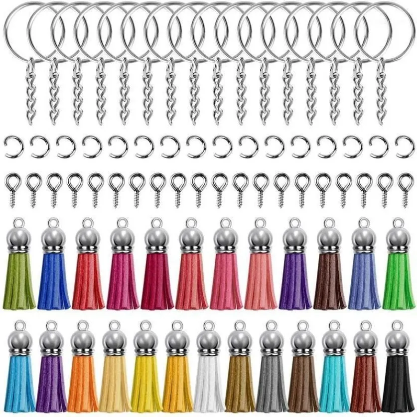 Sleutelhangers Sleutelhanger Kwastjes Sleutelhangers Set Wordt geleverd met 50 stuks Leren Kwastjes 50 Ringen 50 Ringetjes En 501285G