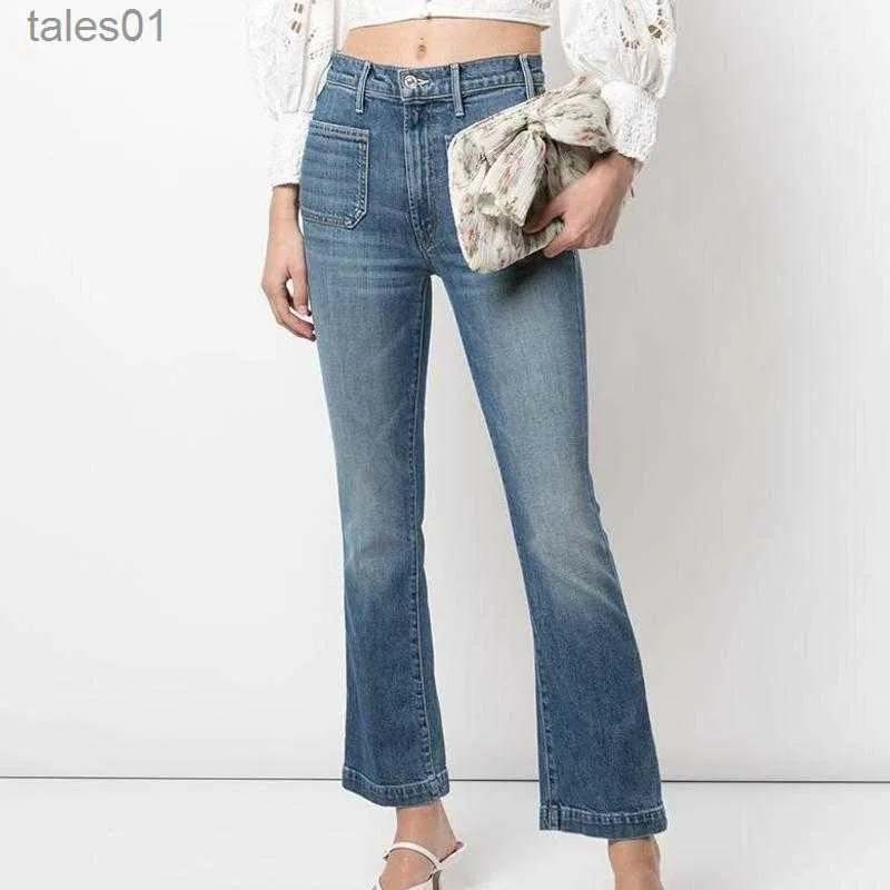 Jeans femininos mãe inverno cintura duplo bolso selvagem nove pontos micro-flare 240304
