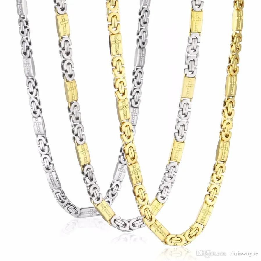 Rostfritt stålhalsband av hög kvalitet Mens kedja byzantinsk snidade kors män smycken guld silver ton 8mm bredd 55 cm längd 22 tum287x