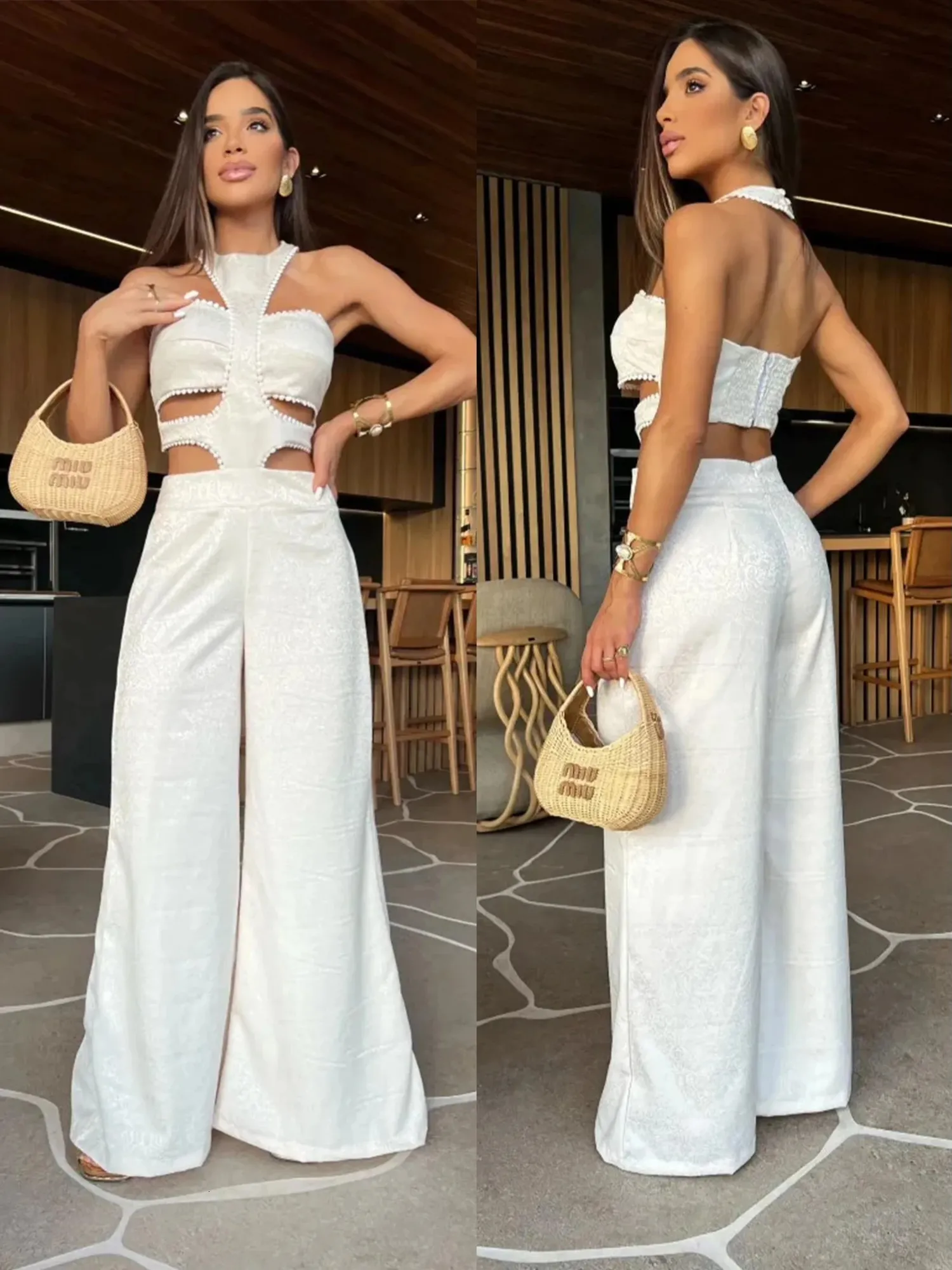 Eleganckie białe seksowne kobiety Bodysuit bez pleców bez rękawów Naked Talle luźne spodnie mop kombinezonu moda letnie Jumpsuits 240304