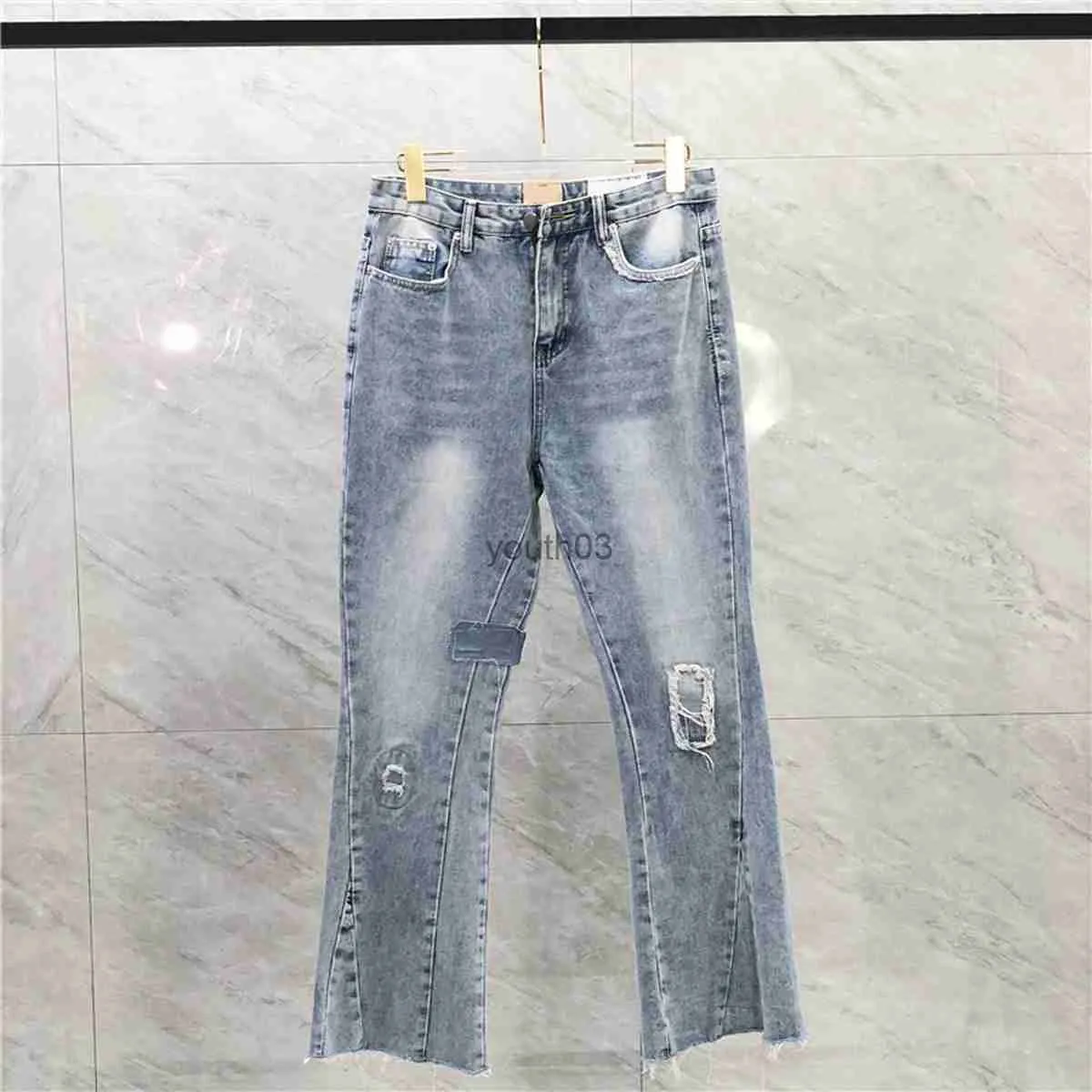 Damen-Jeans, Designer-Jeans für Damen, zerrissen, Biker-Passform, Motorrad-Denim, für Herrenmode, perforierte Patch-Füße, Micro-Jeans 240304