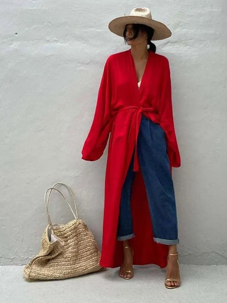 Casual Kleider 2024 Solide Langarm Selbst Gürtel Kimono Kleid Plus Größe Frauen Elastische Taille Lose Schlitz Strand A1247