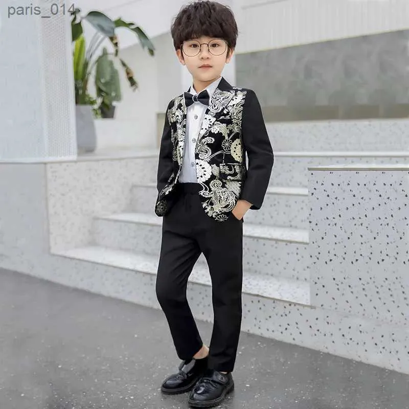 Costumes enfants robe formelle pour enfants pantalon de veste de fleur bowtie 3pcs costume de piano garçons bronzing show hôte beau costume de photographie