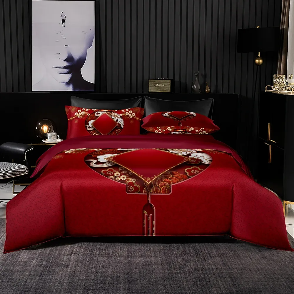 Ensemble de literie rouge de luxe Ensemble de couette à nœuds chinois 200x200 avec taie d'oreiller, couverture de courtepointe 264x228, ensemble de lit à double reine King size