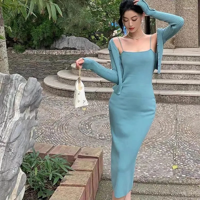 Work Dresses Temperament Knitted Two-Piece Dress Set for Women with V-Neck  Cardigan and Mid-Calf Cami Dress from Dhgate Work Dresses - price 42.91