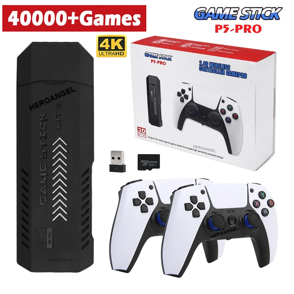 Konsolen NEU für P5 PRO GameStick 64G 30000/128G 40000 Retro-Spiele 4KHD-Videospielkonsole 2,4G Doppel-Wireless-Controller für N64/PSP/PS