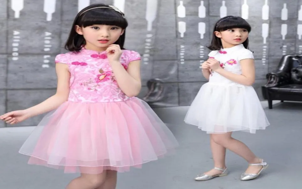 Kinesisk stil barn traditionell cheongsam kostym klänning flickor vit rosa blommor qipao topp porslin prinsess party elegant klänning4945363