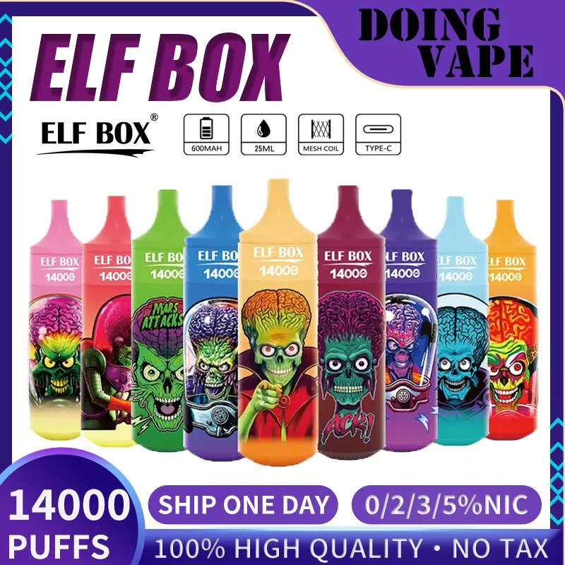 Original ELF Box 14000 Puff Disposable E Cigaretter 25 ml POD Batterisladdningsbar elektronisk cigs Puff 14K 0% 2% 3% 5% Disponible Vape Bar Kit 24-timmars frakt