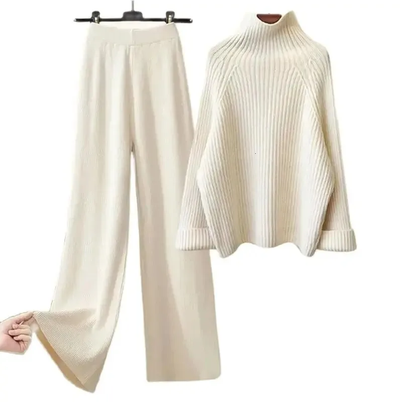 Cable-knit Sweater Polo Collar Knitwear Wide Leg Pants Two-piece Set