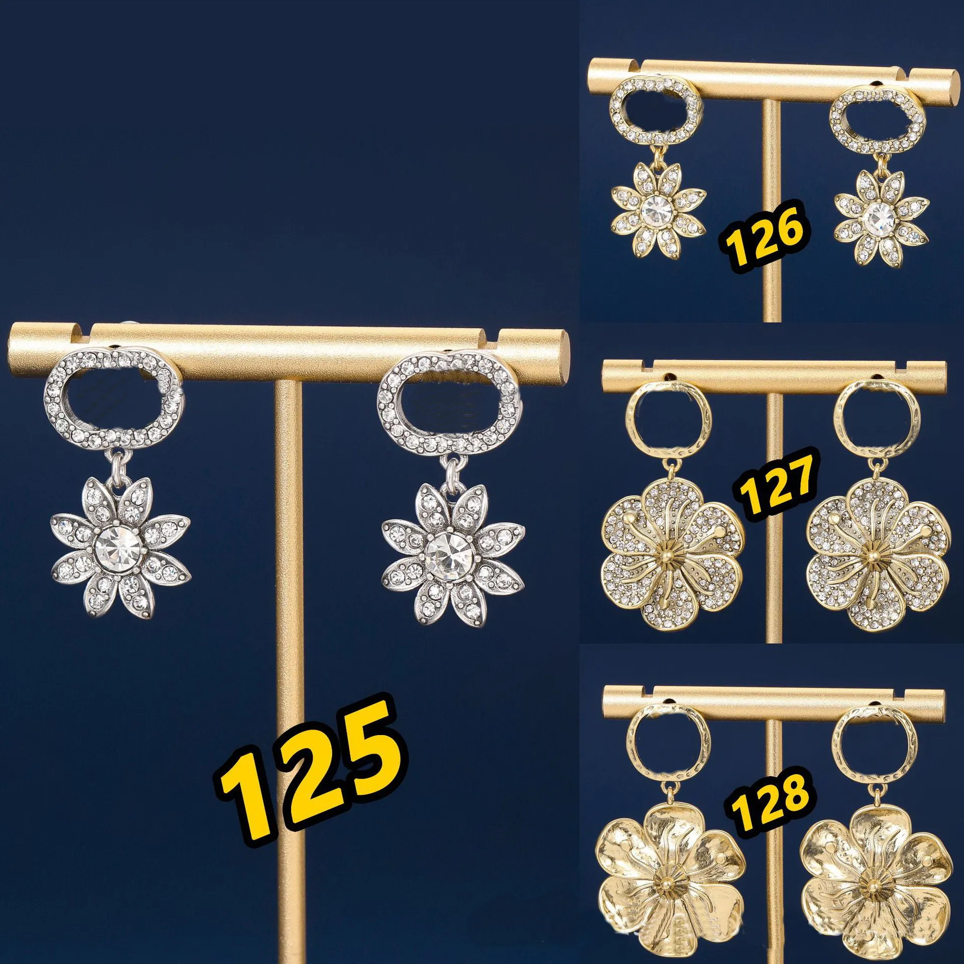 Vintage Ear Stud Crystal Flower Pendant Double Letter Earring for Women's Brass S925 Silver Needle Earrings With Original Box Jewelry Supply