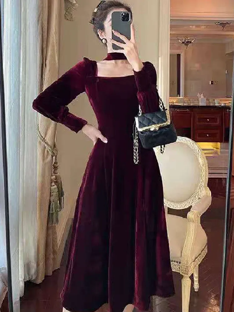 Dress Velvet Dress Women Squareneck Collar Wine Red Highquality Loose Dresses Female 2023 Autumn Fashion Casual Long Sleeves Skirt