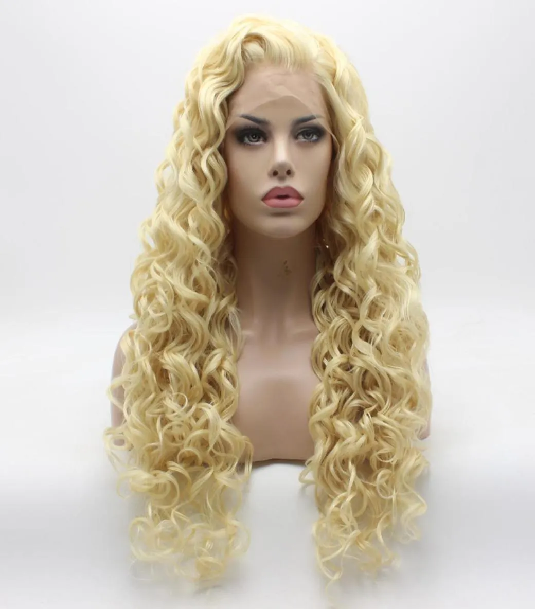イウェナの髪の巻き毛の長い光ブロンド・ウィッグ18613ハーフハンド縛られた耐熱性合成レースフロントWIG7130986