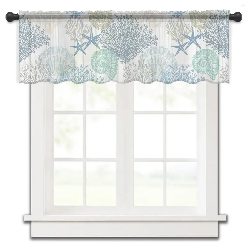 Cortina azul oceano coral concha estrela do mar pequena janela valance sheer quarto curto decoração de casa voile cortinas