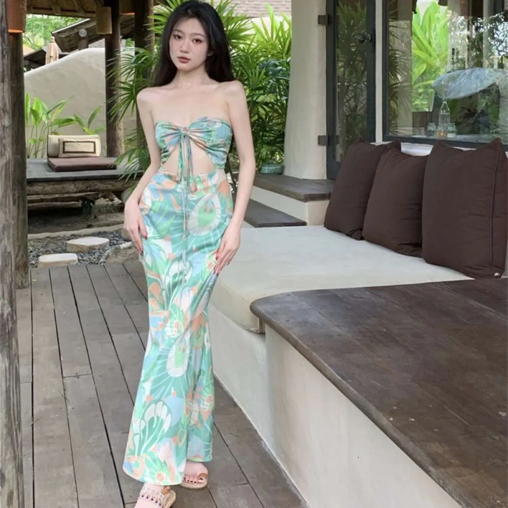 شاطئ العطلات التنورة Xishuangbanna السياحة التصميم Sense Pure Desire and Elegance Print Sling Dress Long Skirtivxsf0xw