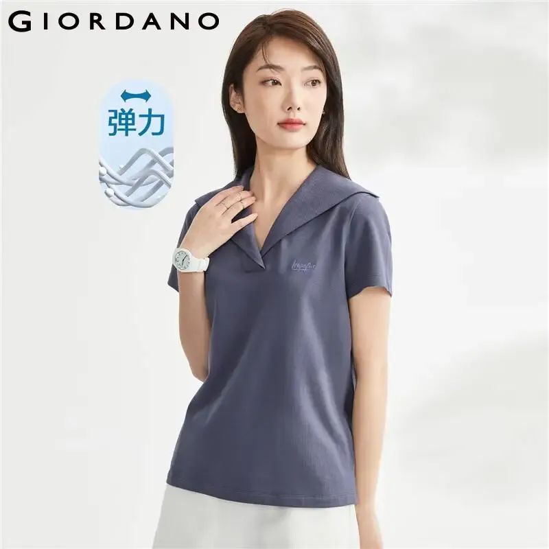 Skjortor Giordano Women Polo Shirts Fashion Sailor Collar Stretch Polo Shirts Summer Short Sleeve Solid Color Casual Polo Shirts 13313301