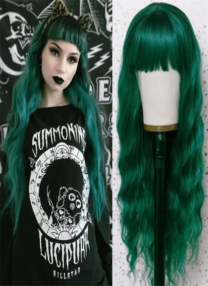 Peruca sintética verde com franja cosplay perruques simulação cabelo humano perucas onda pelucas 22 polegadas rxg91678848356