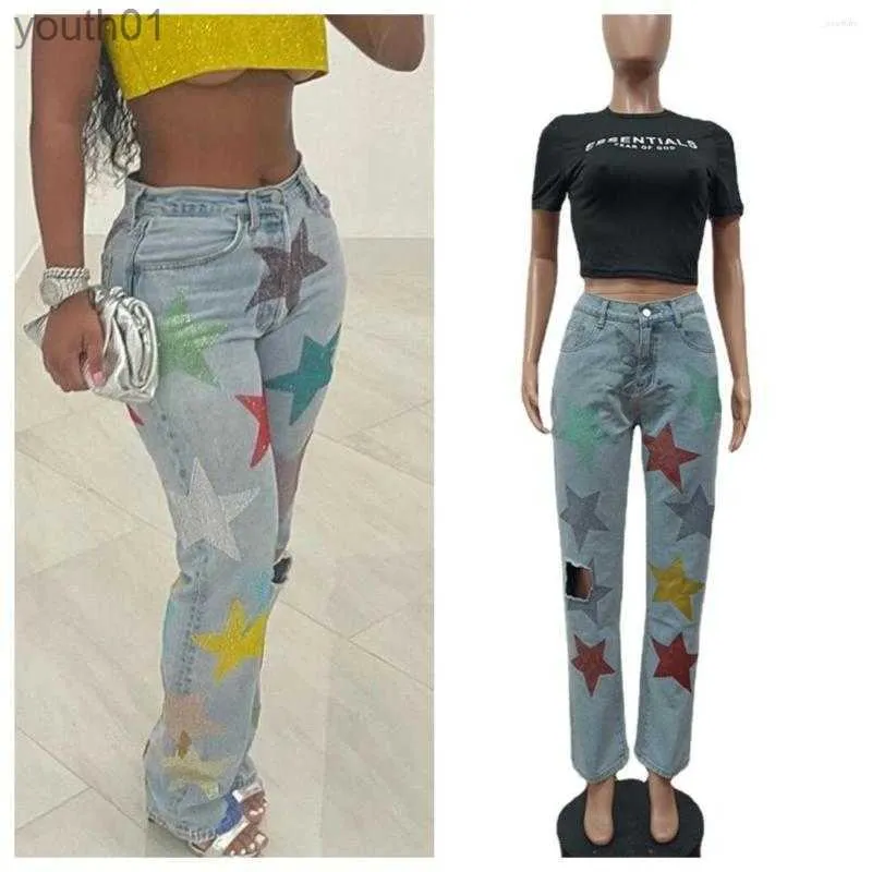 Jeans para mujer Jeans para mujer Cintura alta Lentejuelas Estrellas Pantalones de mezclilla Agujero Flaco Lápiz Streetwear Verano Azul Clubwear Pantalones de mujer 240304