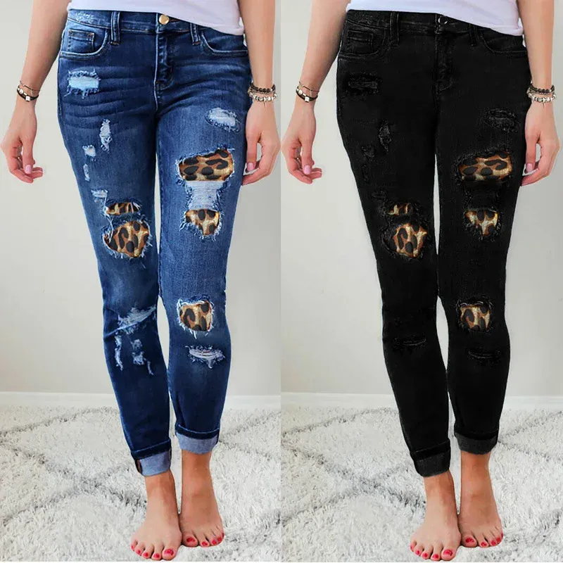 Jeans 2020 Fall Women's Plus Size Skinny Jeans Solid Color Leopard Patchwork Irregular Ribbed Hole Pencil Pants Stretch Slim Pants