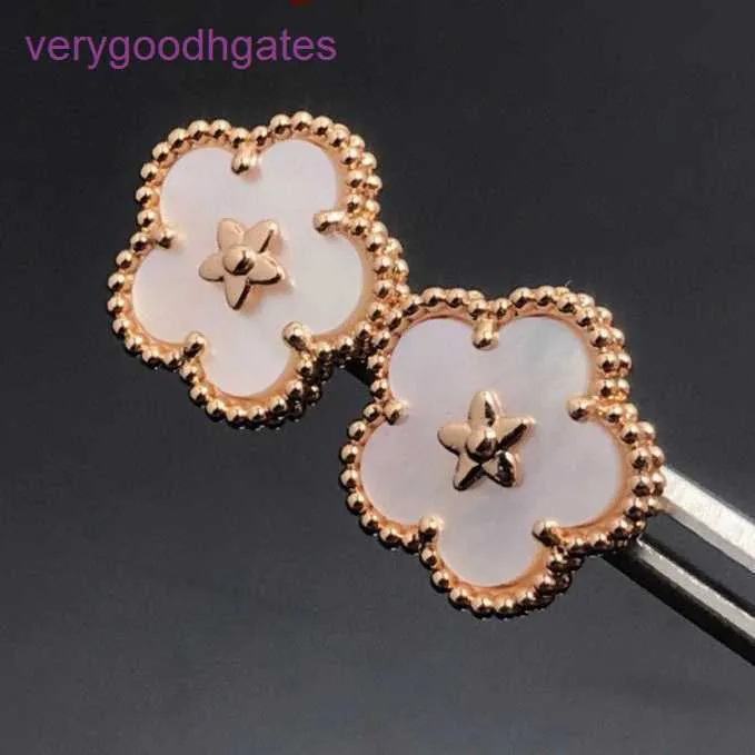 Designer Van cl-ap Versione alta V Golden Fan Family Lucky Plum Blossom Orecchini a doppia faccia Petali di fiori in oro rosa 18 carati Quattro foglie di erba Cinque 9JLU 6SBWOSYS DR03 EH12