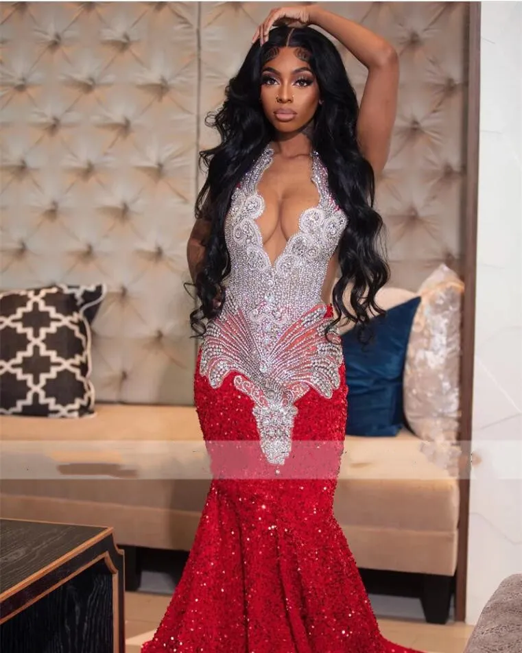 Sparkly Red Sequin Mermaid Prom Dresses 2024 Luxury Silver Crystal Beaded Sheer Neck Long Formal Party Evening Gowns for Black Girls 0304