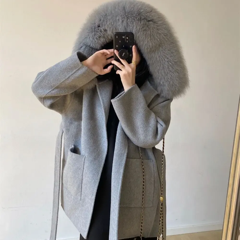 Fur New product 2021Cashmere Wool Blends Real Fur Coat Winter Jacket Women Natural Fox Fur Collar Outerwear Belt Streetwear Oversize
