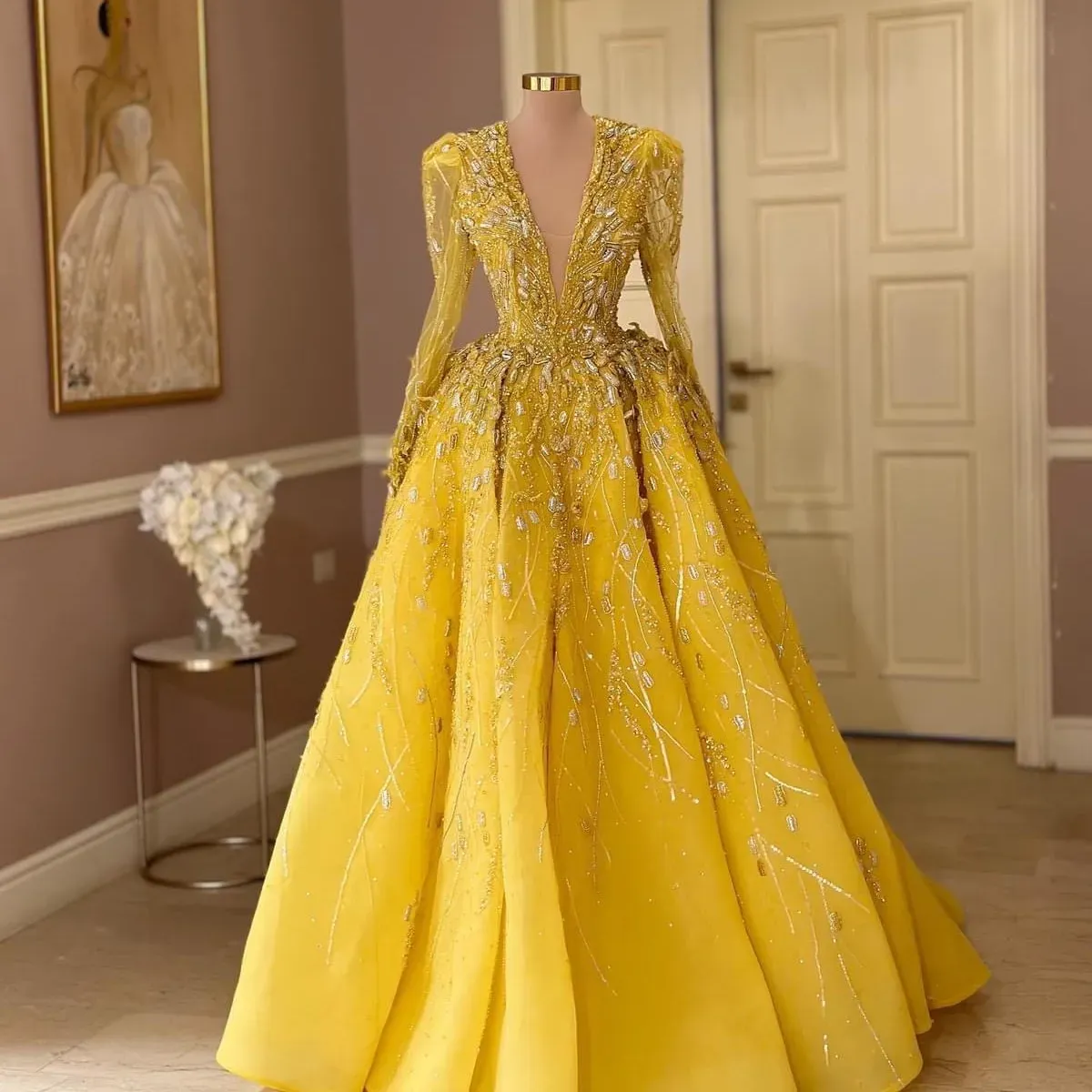 Aso Ebi Lace Gown Styles: Yellow A Line Prom Dress Beaded Evening