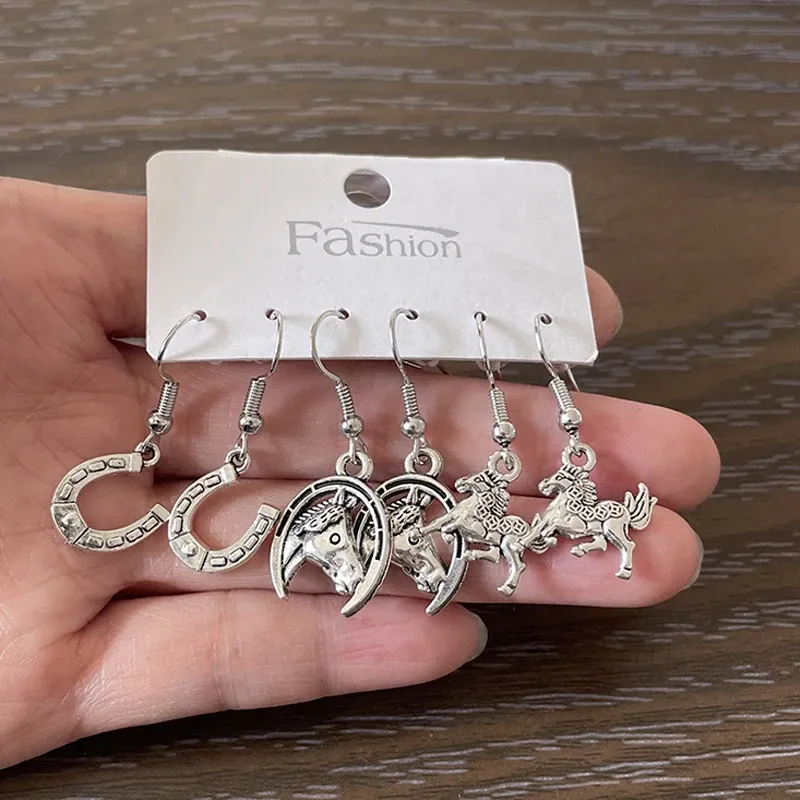 Groothandel 3prs Dangle Drop Oorbellen Geluk Paard Hoefijzer Oorbellen Set Voor Vrouwen Vrienden Cowgirl Geschenken