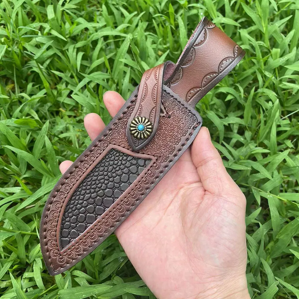 Top Quality S2264 Two-layer general-purpose cowhide leather Genuine Leather Knife Sheath for Fixed Blade 6.5 Inch Knives Brown Basket Weave Sheaths with Belt Holder