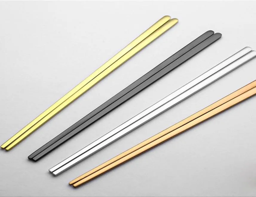 Whole 1 Pair High Quality 304 Stainless Steel Titanium Plating Gold Solid Flat Chopsticks Chinese Chop Sticks Portable Tablew2129208