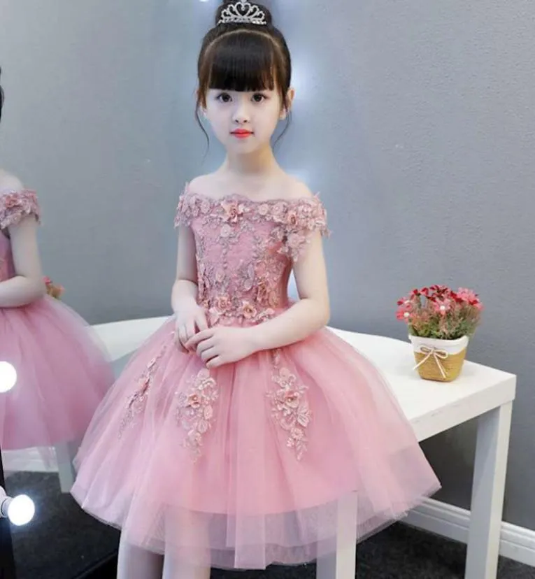 Elegant Flower Girls Dress Kids Flat Shoulder Flower Applique Tulle Dress Thanksgiving Baby Girl Christmas Dress4878263