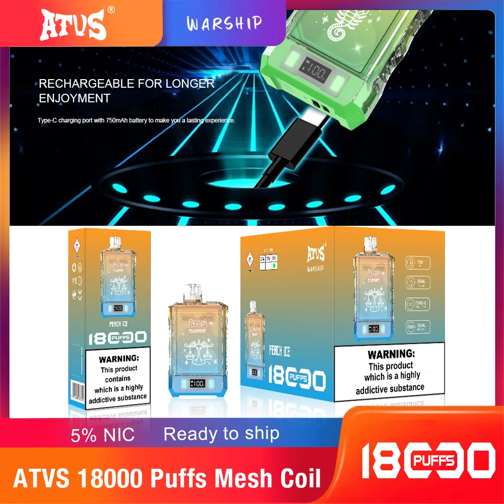 Original ATVS WARSHIP Box 18000 Puffs Disposable Vape 18K 750Mah Type-C Charging 25Ml With Battery Display Screen 16 Flavors 0% 2% 5% E Cigarettes