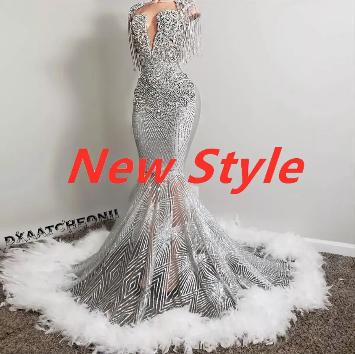 Sparkly Silver Crystal Mermaid Prom Dresses 2023 pärlstav paljetterad svart flickakvällsklänning med fjäder ärmlösa festklänningar kläder de soiree kvinnlig vestido noche