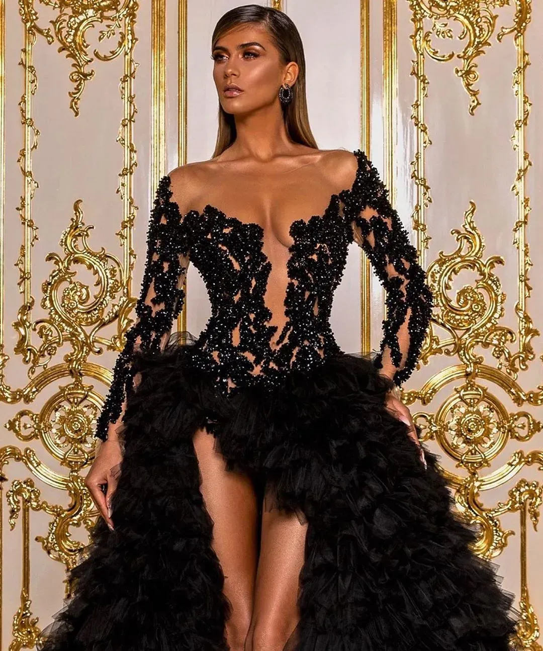 fitted lace wedding dress Elegant Long Sleeves Sequin Tulle Evening Dresses – Make Me Elegant main image 0