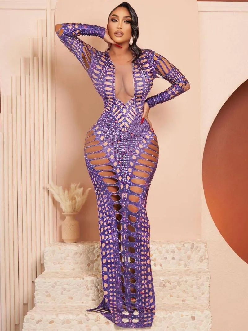 Casual Dresses Hollow Out Diamonds Maxi Evening Gown Party Dress Women Sexy V Neck Long Sleeve Back Split Bodycon Robe Clubwear