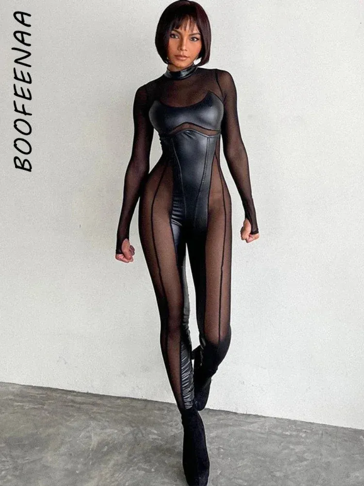 Boofeenaa Black Mesh Sheer Bodycon Jumpsuit för kvinnor Sexiga klubbkläder Gotiska punk svart Techwear C70-EC27240304