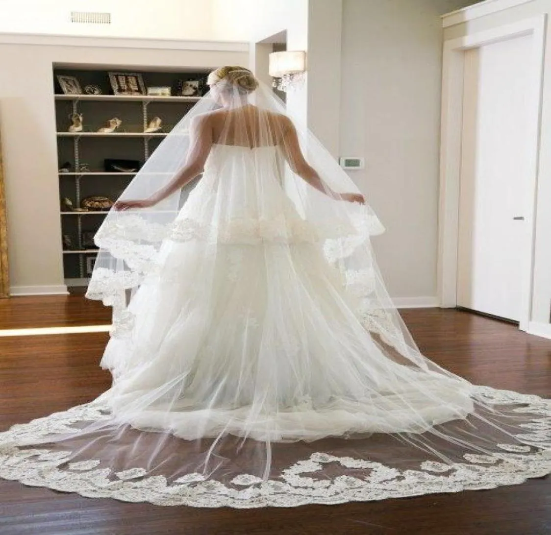 Blanc Champagne Ivoire 2019 Nouveau Voile De Mariage Cathédrale Train À La Main Dentelle Appliques Accessoires De Mariée Voiles De Mariée Longs Weddi9763796