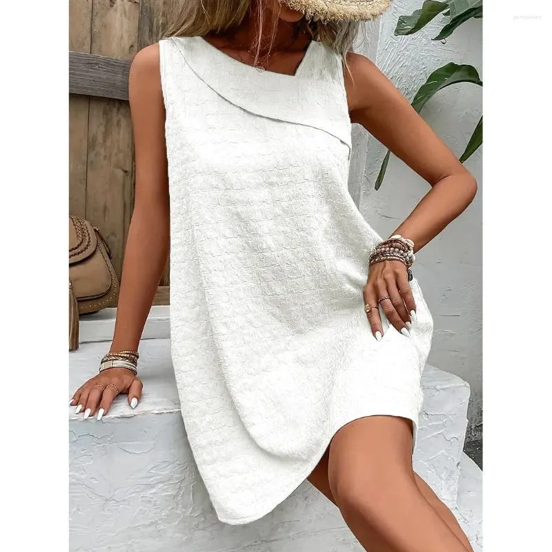 Casual Jurken Causale Mouwloze Witte Mini Jurk Vrouwen 2024 Zomer Losse Strand Diagonale Kraag Eenvoudige Tank Voor Gewaad Femme