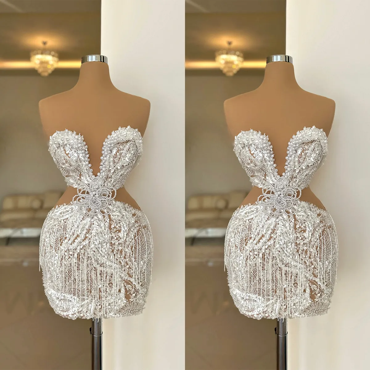 Fantasia pérolas cocktail vestidos de baile sem alças vestidos de noite curtos lantejoulas miçangas borla ver através de vestidos de festa feitos sob encomenda