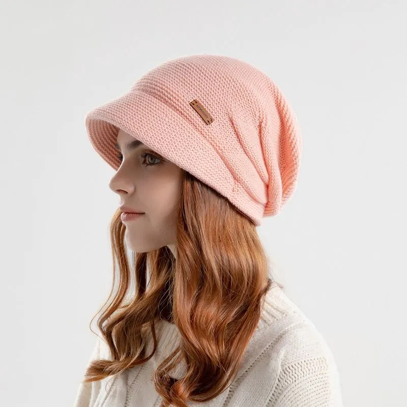 Solid Plush Women Beanie Winter Warm Knitted Pile Hat Inner Velvet Windproof Ear Protection Cap Bonnet