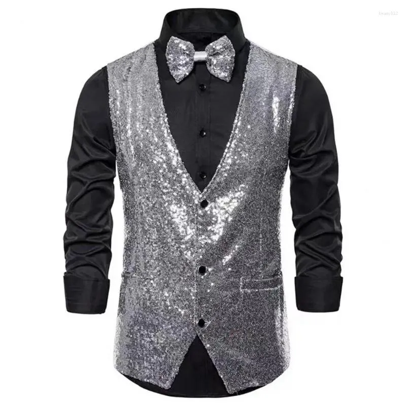 Heren Vesten Heren Pailletten Vest Slim Fit V-hals Vest Met Boog-knoop Voor Stage Performance Compere Emcee Glanzend Mouwloos