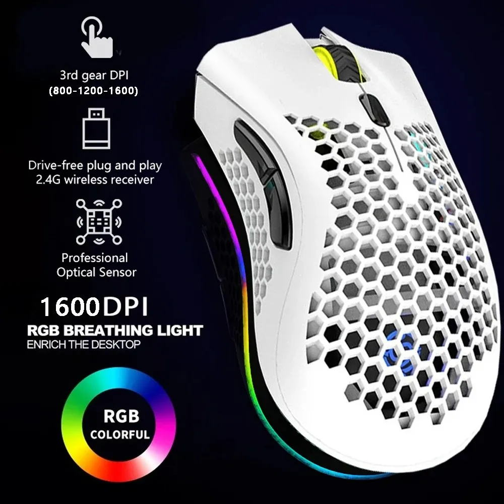 マウス2.4Gワイヤレスマウス軽量ハニカムデザインワイヤレスゲーミングマウスRGBバックライト