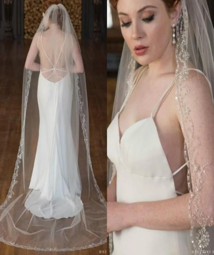 Top Quality Wedding Veils Custom Made One Layer Sequins Tulle Bridal Veil Major Beading 3 Meters Long Veils3103815