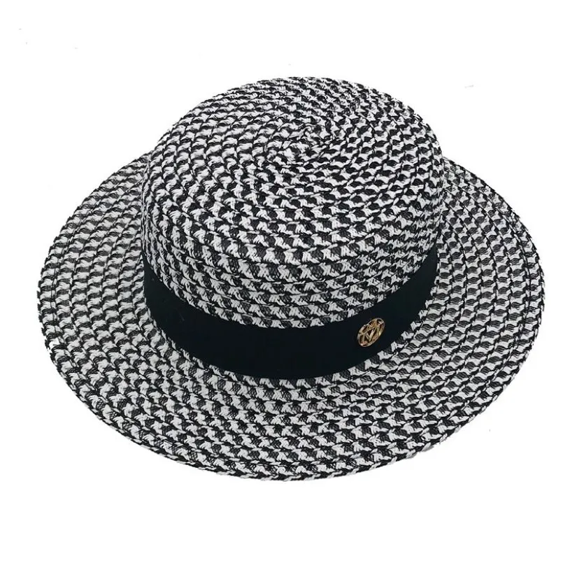 High-grade Summer Black White Plaid Wide Brim Flat Top Boater Hat Spring Women Grass Braid Sun Hat Party Wedding Formal Cap259A