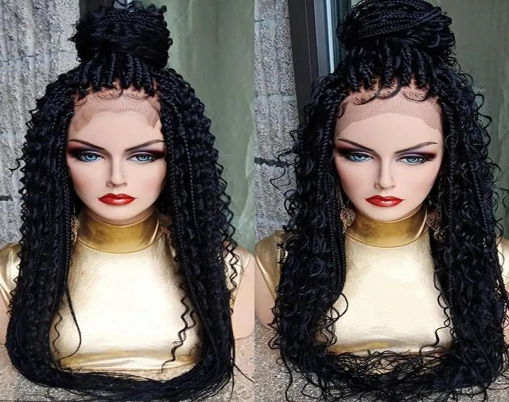 Long Blackbrownombre Color Braid Wigs For Black Women spets fram cornrow flätade peruker syntetiska hår kinky lockiga spetsar fron4658323